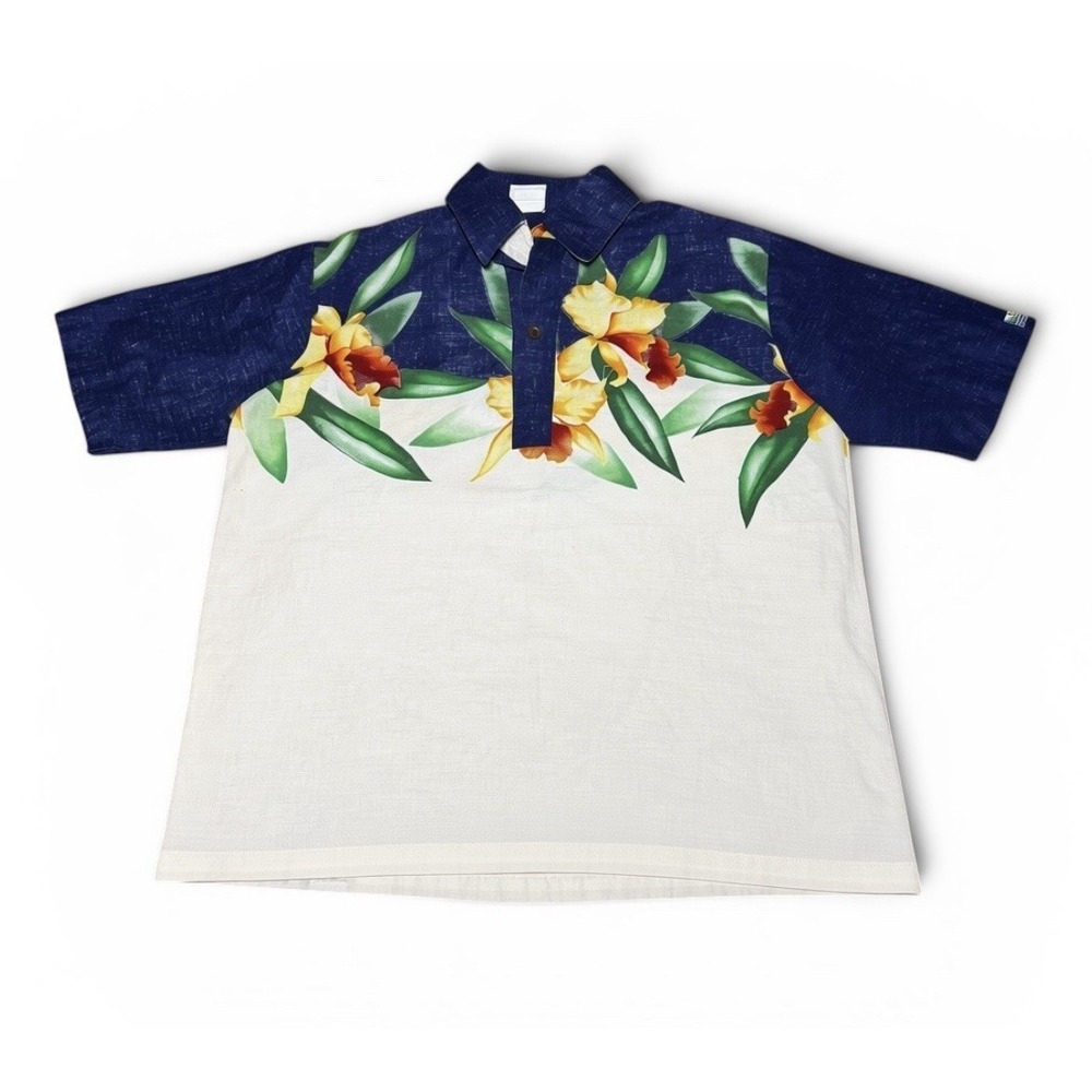 Vintage Off Shore Hawaiian Shirt Mens L Ivory Blue Floral Aloha